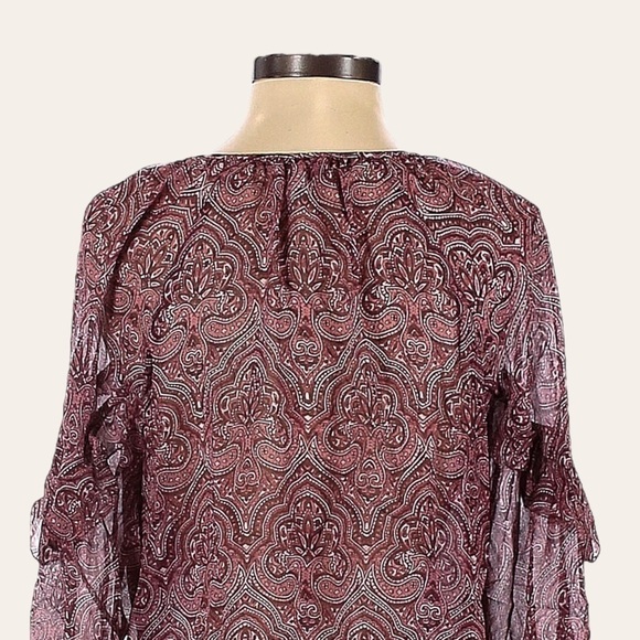 Joie Agneta Silk Blouse XS Burgundy Paisley Boho Sheer Ruffle Sleeve Peasant Top - Picture 4 of 7